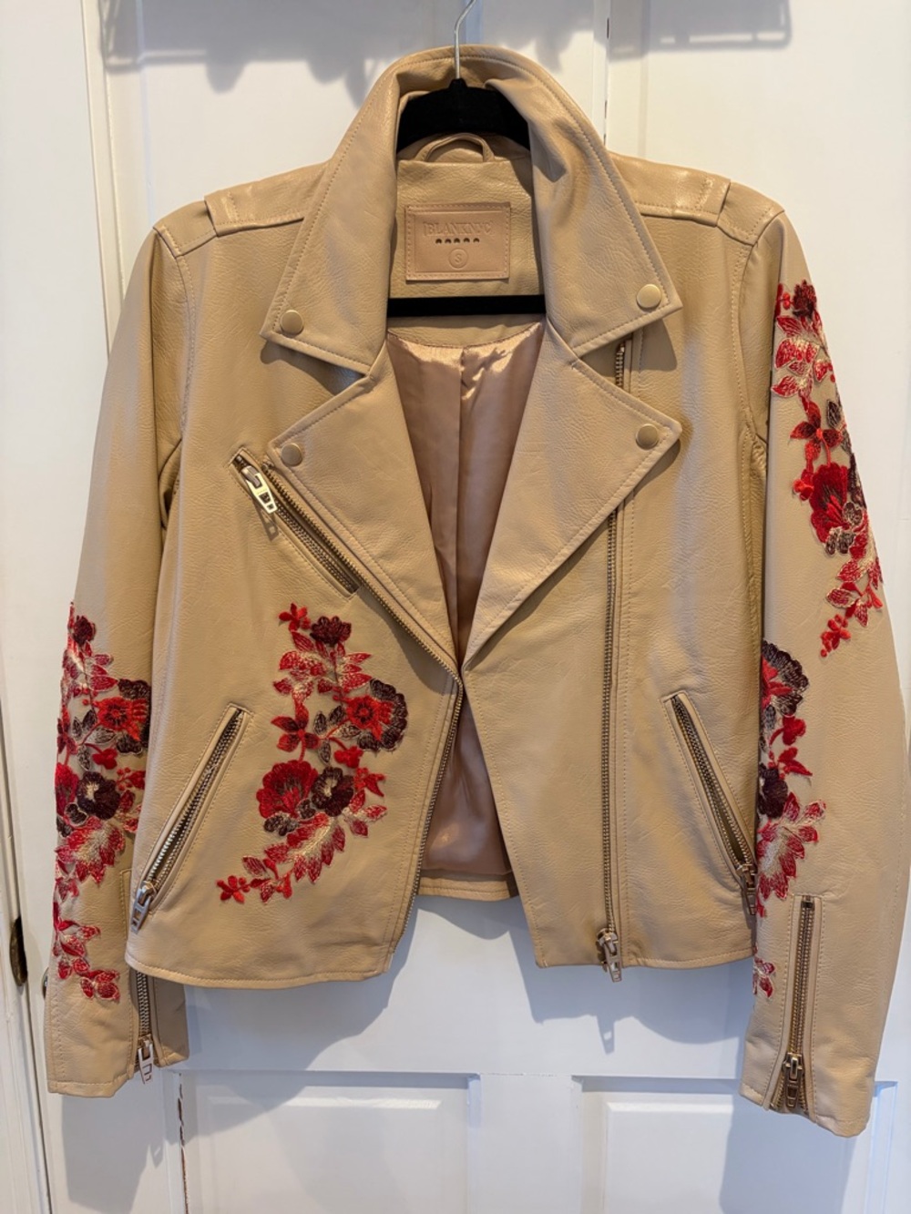 Blank NYC Beige Leather Moto Jacket with Red Floral Embroidery